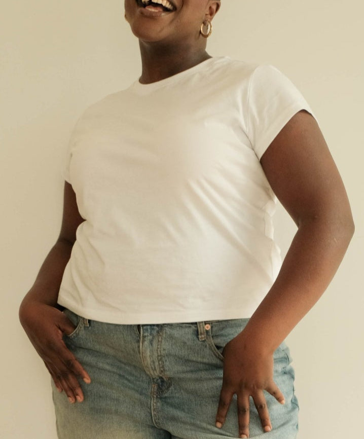 woman in perfect white t shirt
